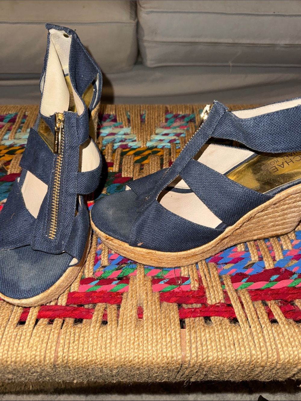 Michael Kors Navy Canvas Wedge Sandals with Front Zip